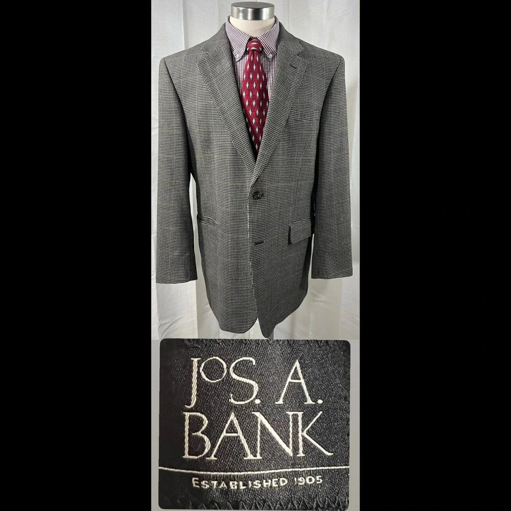 Jos A Bank Mens Grey Houndstooth Two Button Blazer Sport Coat Jacket 44R